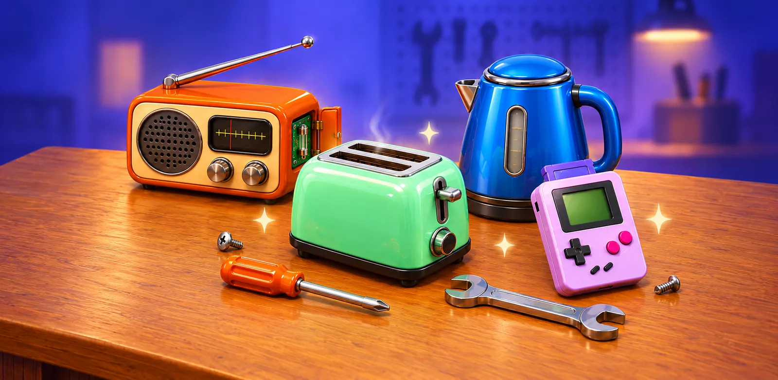 A cartoon orange radio with its back open, a mint-green toaster, a blue kettle and a pink handheld game console on a wooden workbench, with a screwdriver, spanner and screws, in front of a blurred blue workshop wall with a pegboard.