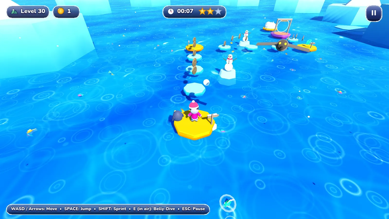 A player in a pink parka stands on a yellow ice floe in bright blue water, with snowmen and more ice floes ahead.